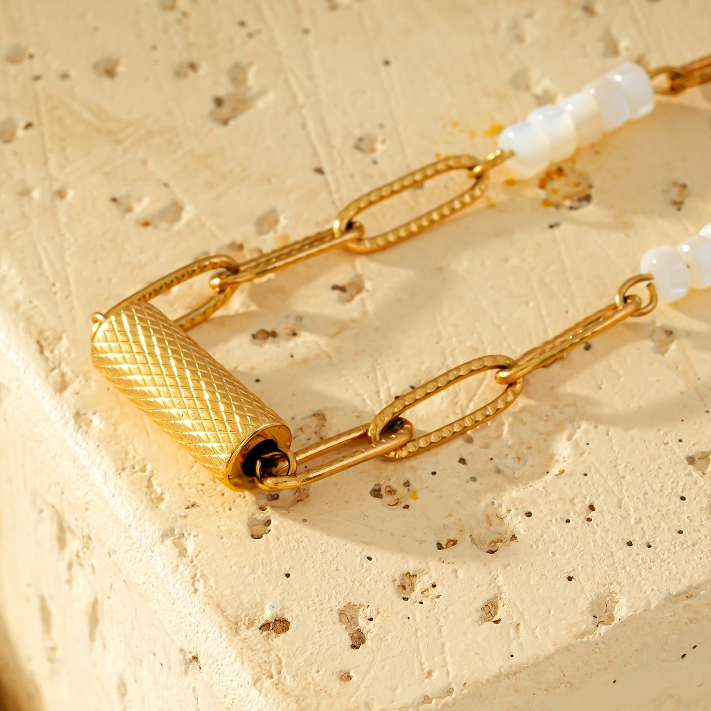 SEDONA Bracelet: Natural Shell & Gold Paper-Clip Chain Combination with an Art Deco Pendent