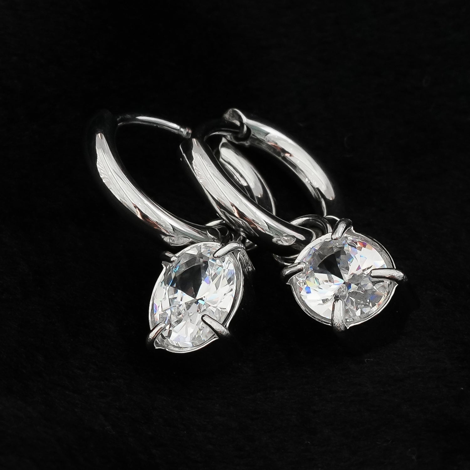 Mini Hoop Earrings Anchoring an Encased Zirconia (CZ) Charm - Style SEDONA in Silver Toned White Gold