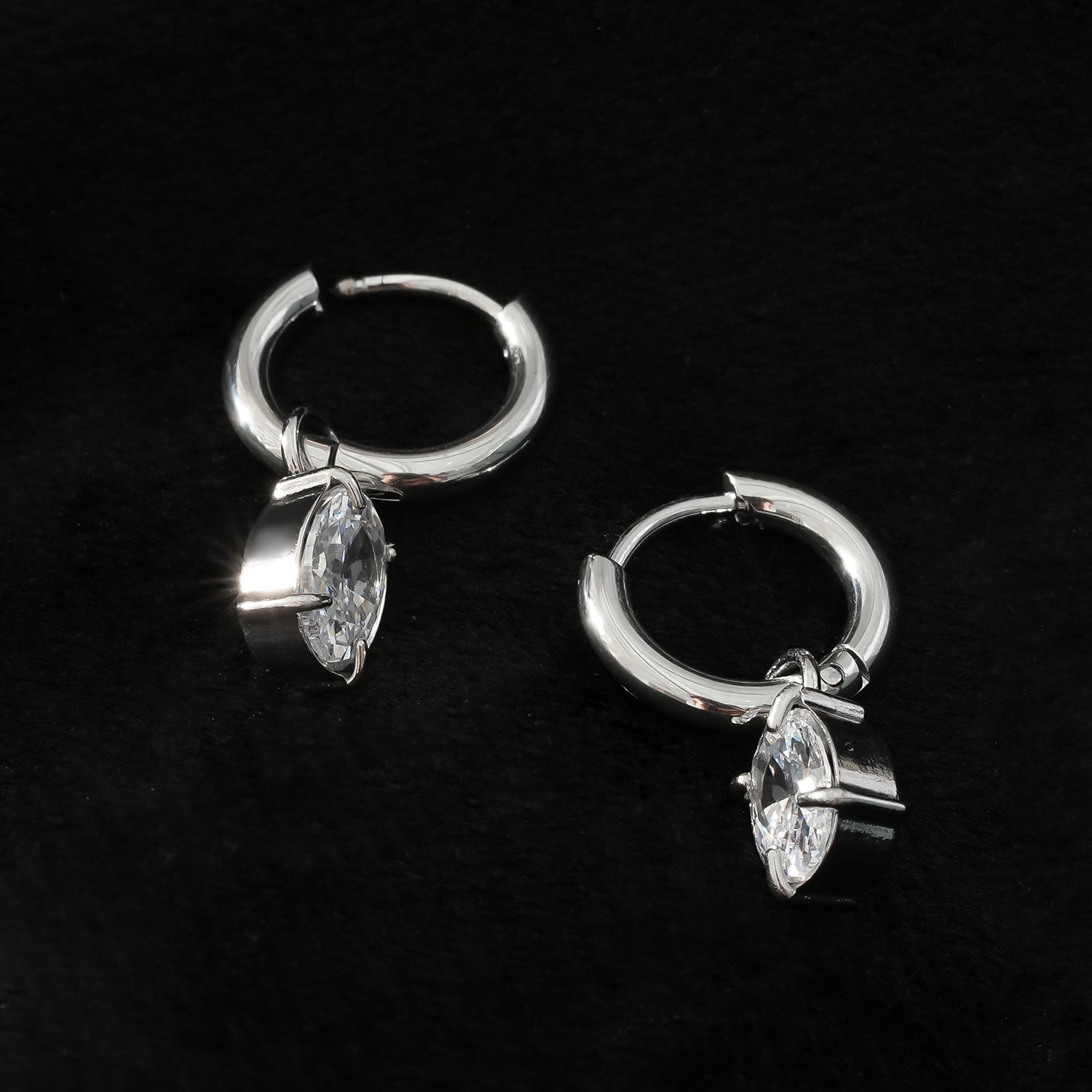 Mini Hoop Earrings Anchoring an Encased Zirconia (CZ) Charm - Style SEDONA in Silver Toned White Gold