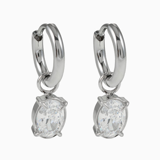 Mini Hoop Earrings Anchoring an Encased Zirconia (CZ) Charm - Style SEDONA in Silver Toned White Gold