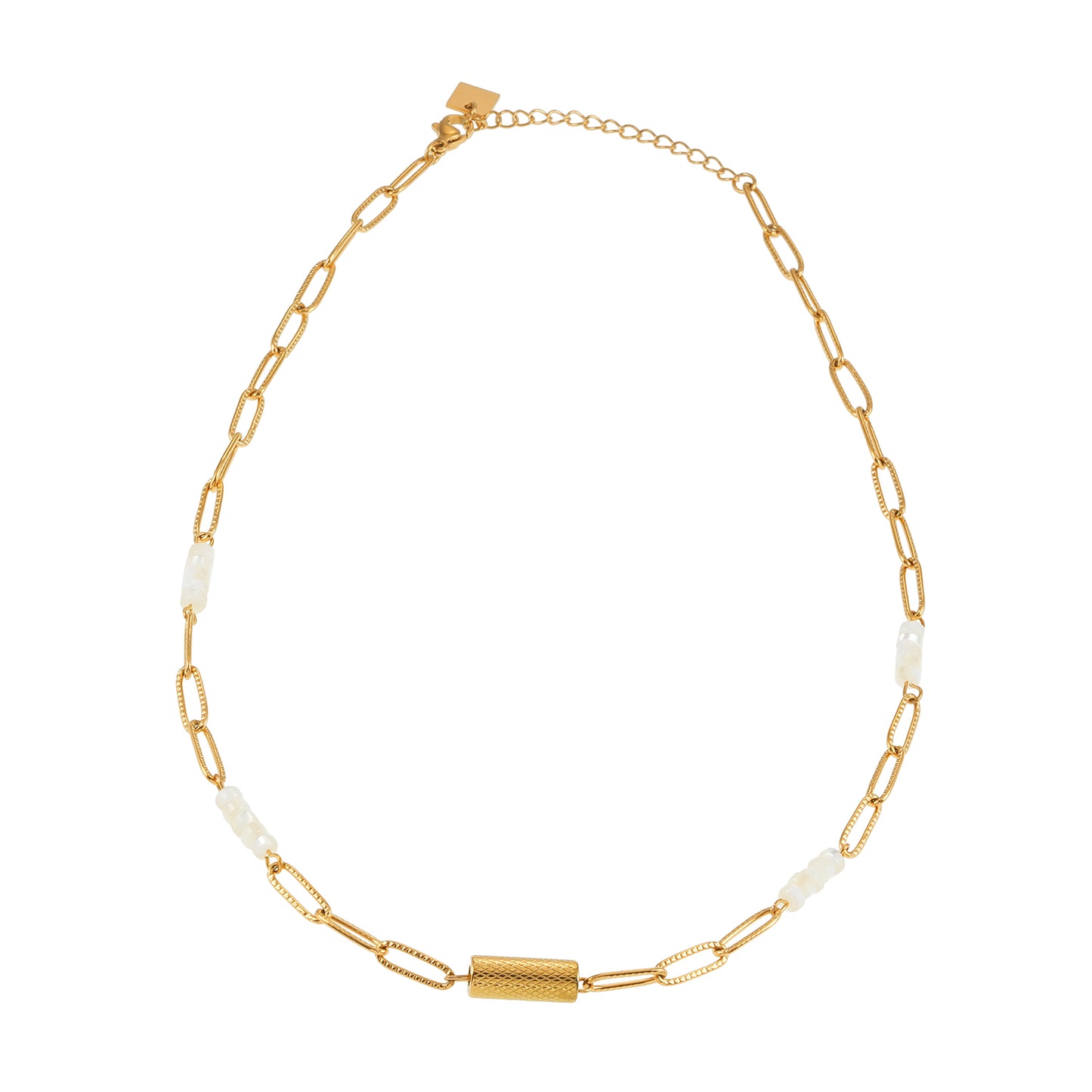 SEDONA Necklace: Natural Shell & Gold Paper-Clip Chain Combination with an Art Deco Pendent