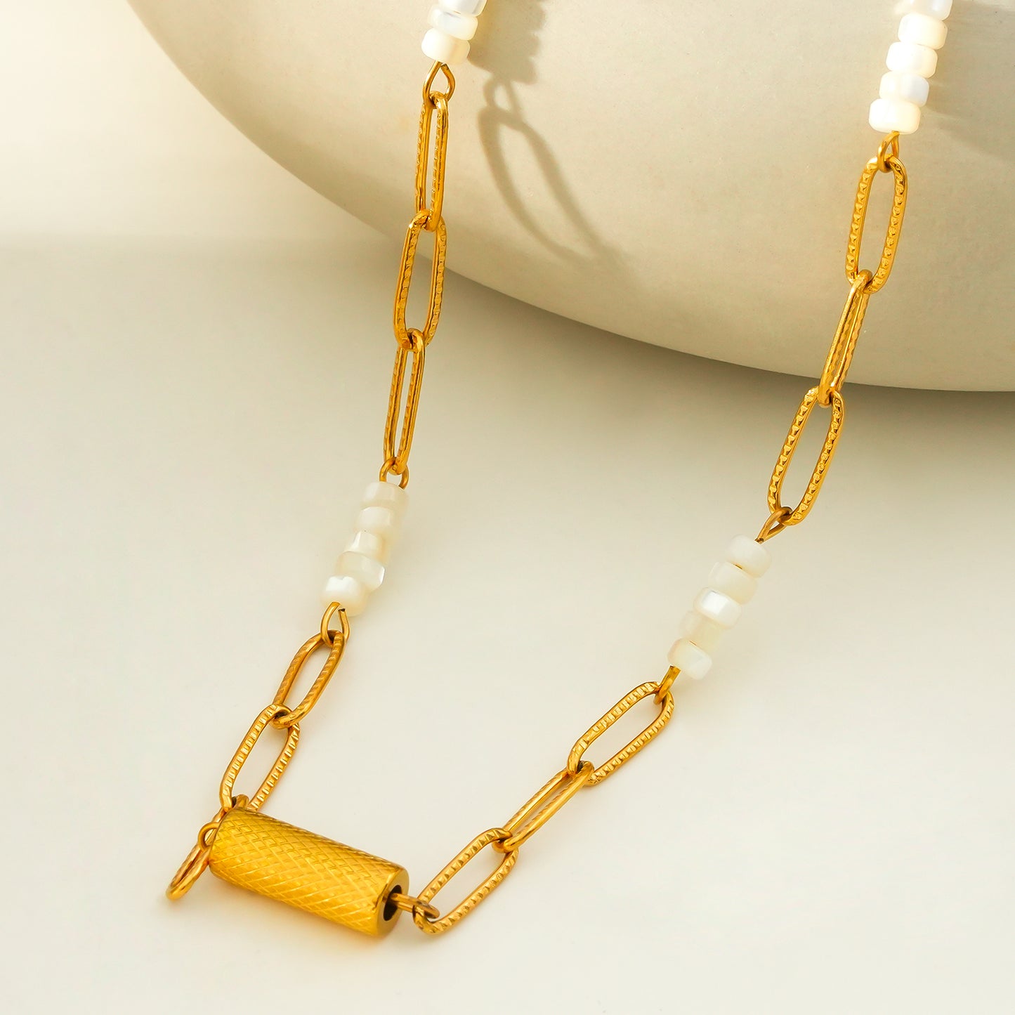 SEDONA Necklace: Natural Shell & Gold Paper-Clip Chain Combination with an Art Deco Pendent