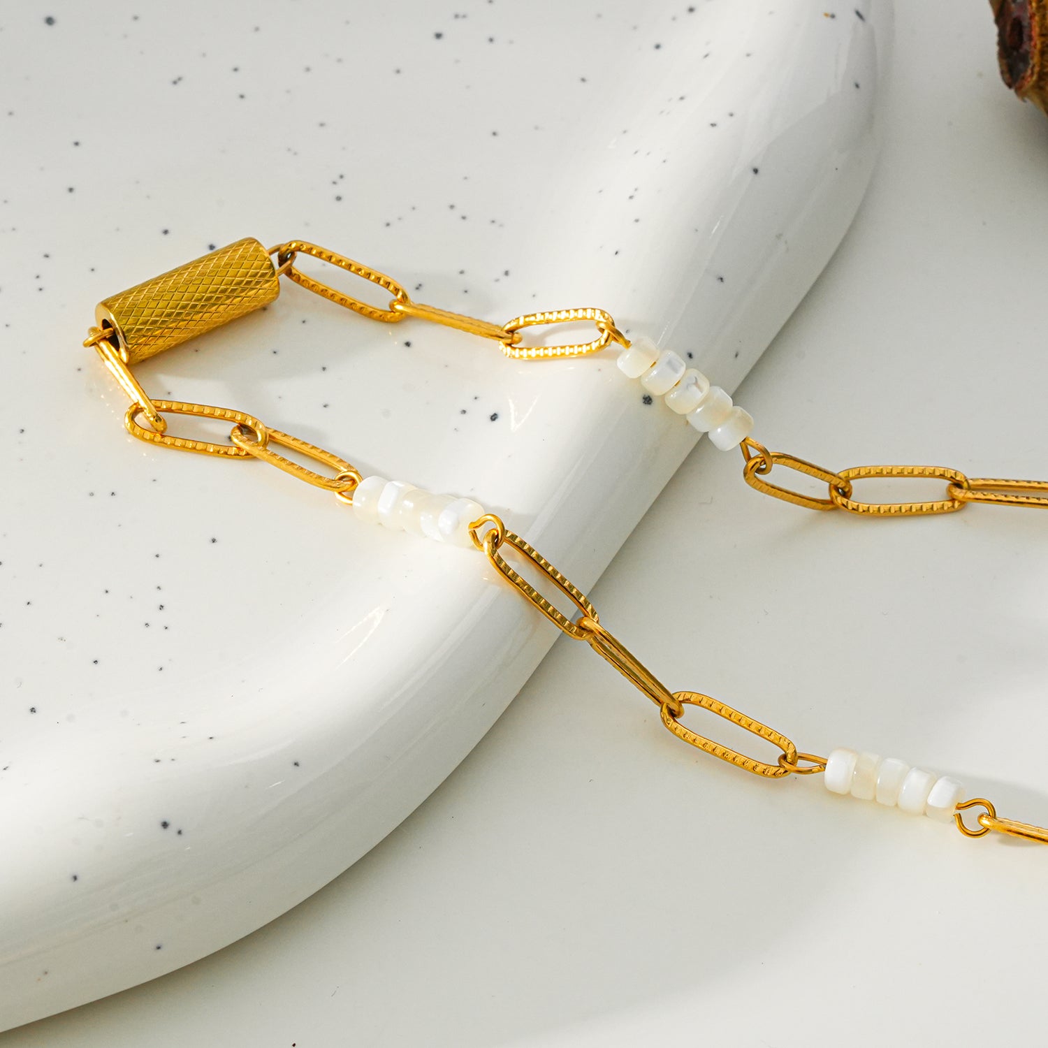 SEDONA Necklace: Natural Shell & Gold Paper-Clip Chain Combination with an Art Deco Pendent