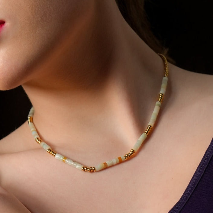 Style SHAZIA 1625: Amazonite Stones and Gold Beaded Combo Chain Necklace.