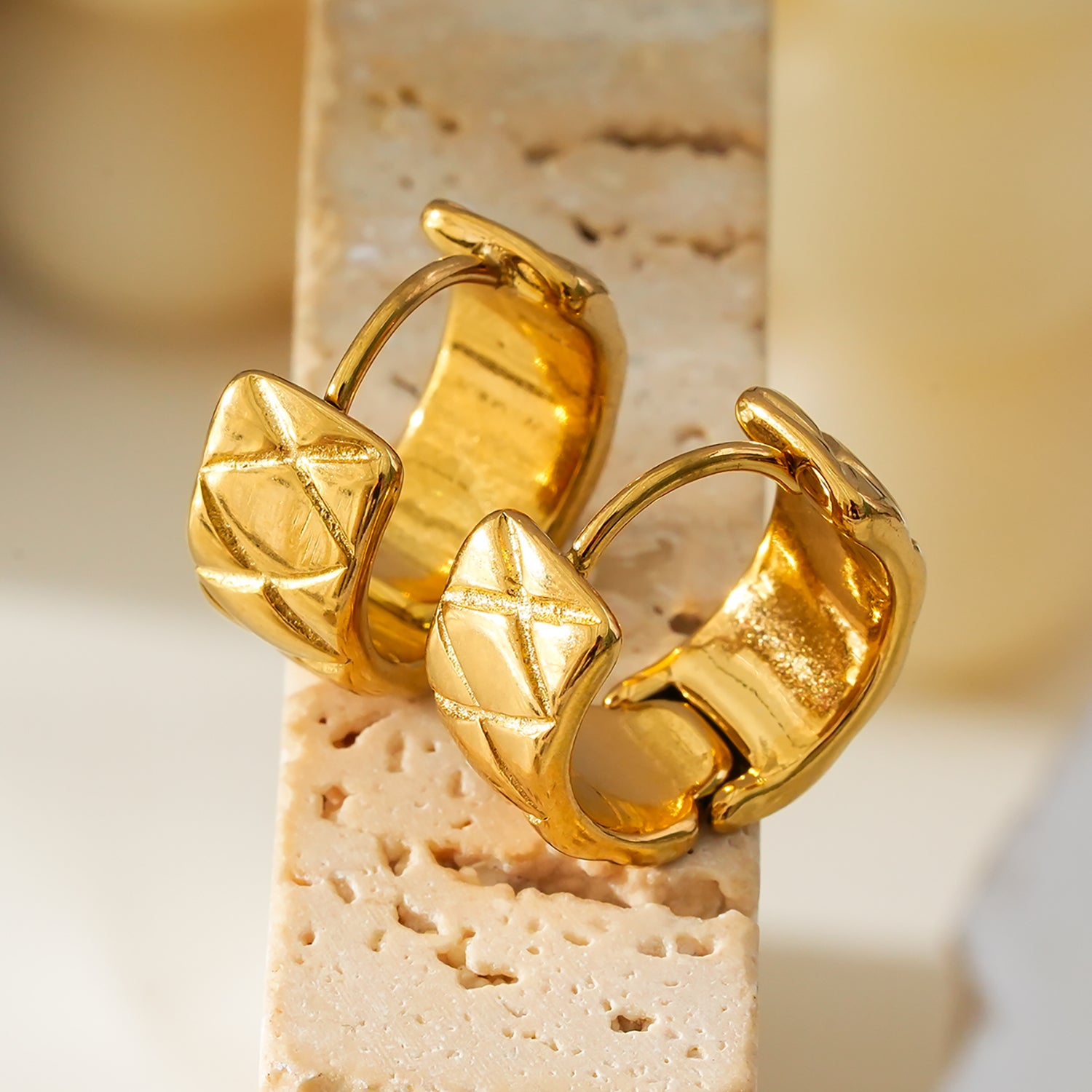 SHELBURNE: Decorative Etched Wide Mini Hoop Earrings in Gold