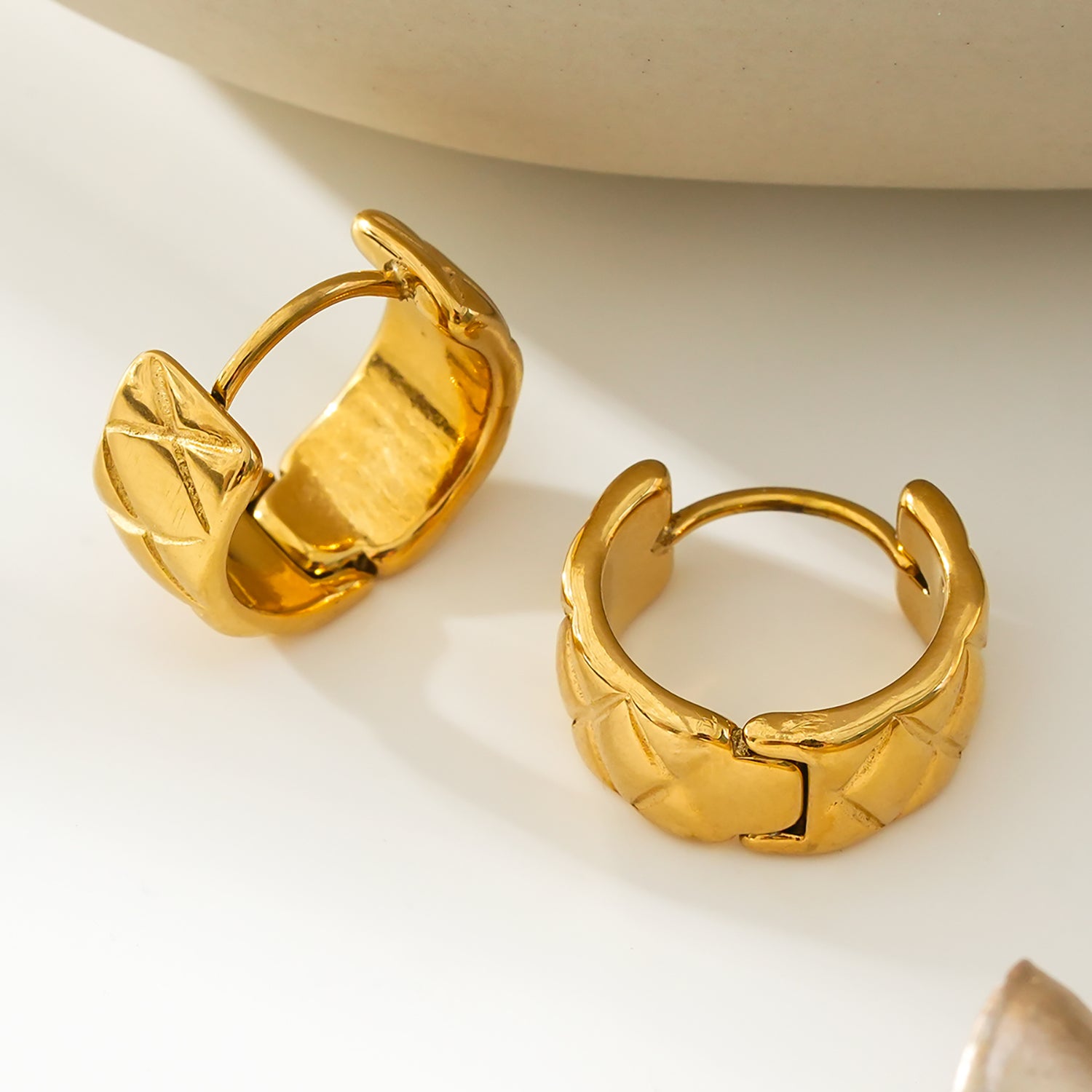 SHELBURNE: Decorative Etched Wide Mini Hoop Earrings in Gold