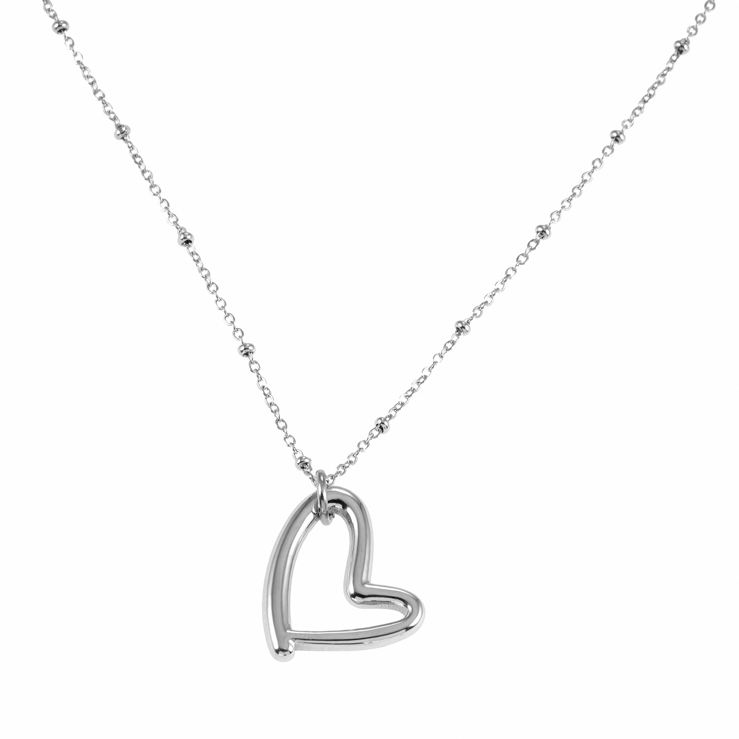 Style SMITTEN: Dainty Beaded Chain Anchoring an Abstract Heart Shaped Pendant in White Gold (Silver Toned)