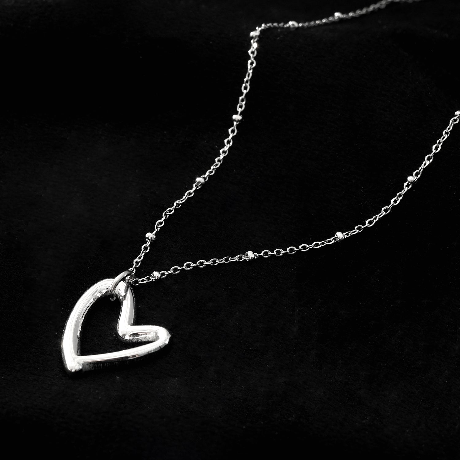 Style SMITTEN: Dainty Beaded Chain Anchoring an Abstract Heart Shaped Pendant in White Gold (Silver Toned)