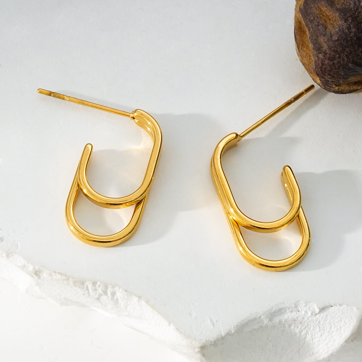 St SIMON Gold: Rounded Corners Double Rectangle Hoop Earrings