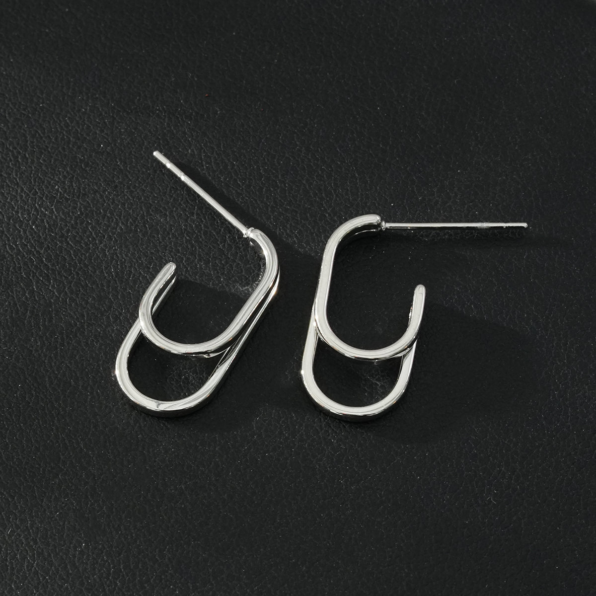 St SIMON White Gold (Silver Toned): Rounded Corners Double Rectangle Hoop Earrings