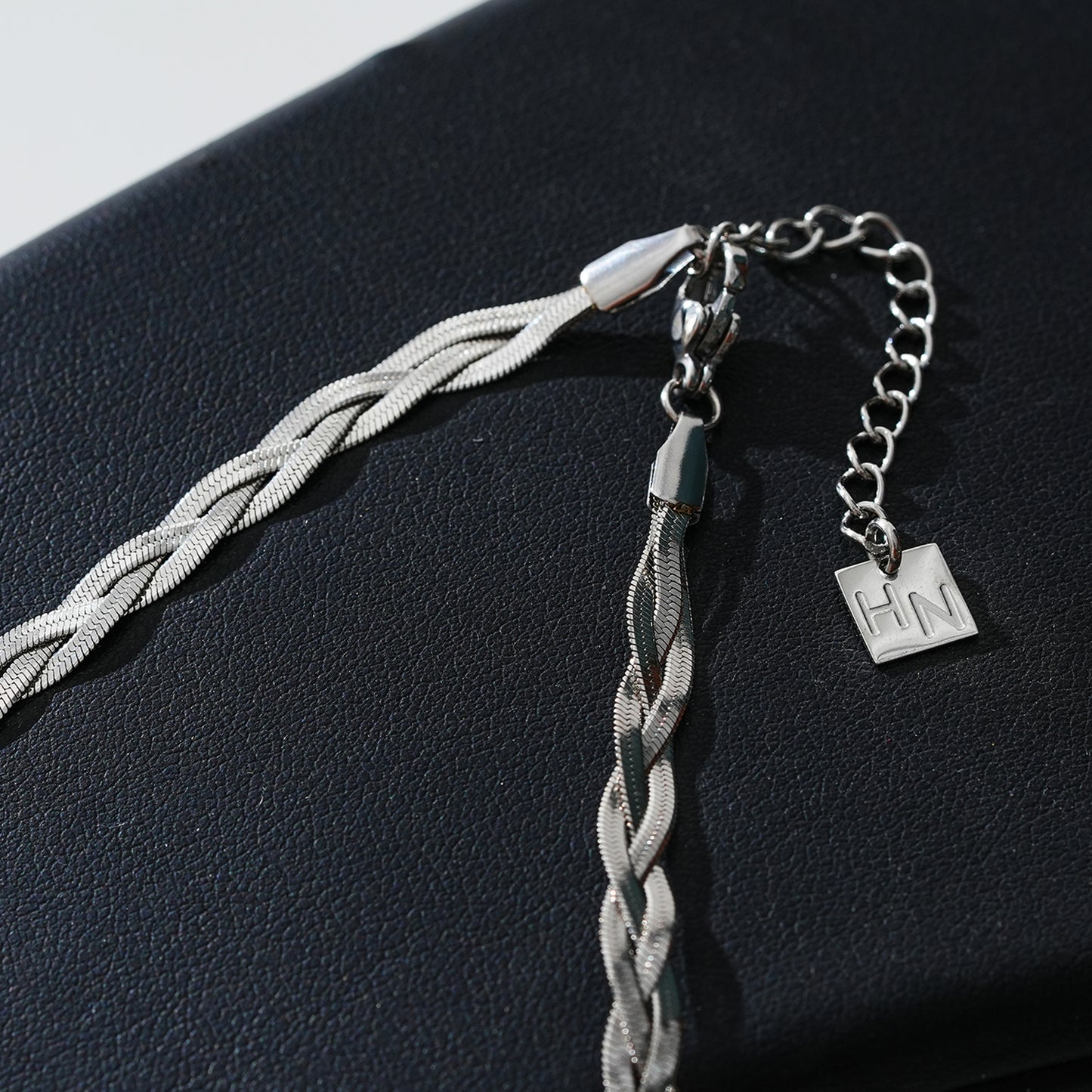 TARA White Gold (Silver Tones): Intertwined Herringbone Snake Skin Textured Necklace.