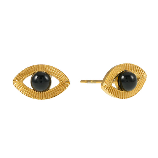 TAVIRA: Gold Evil Eye Studs with Black Onyx Embellishment