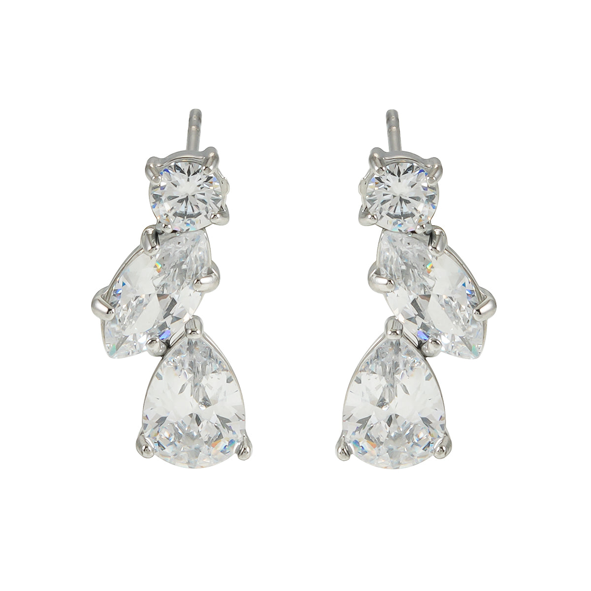 THEOLA: Radiance Triple Moissanite Stack Stud Earrings in Silver Toned White Gold