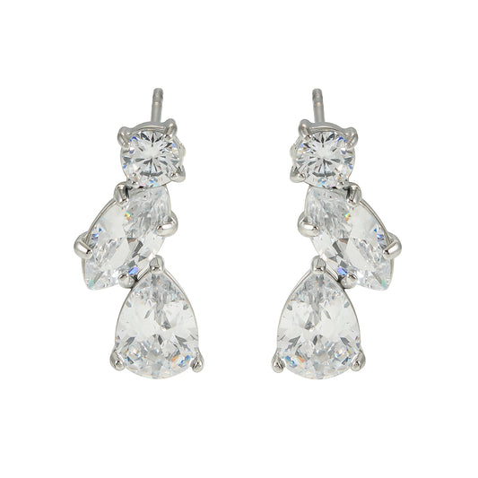 THEOLA: Radiance Triple Moissanite Stack Stud Earrings in Silver Toned White Gold