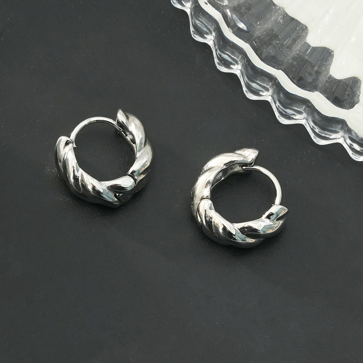 TYLA White Gold (Silver Tone): Textured Chiselled Finish - Chunky Mini Hoop Earrings