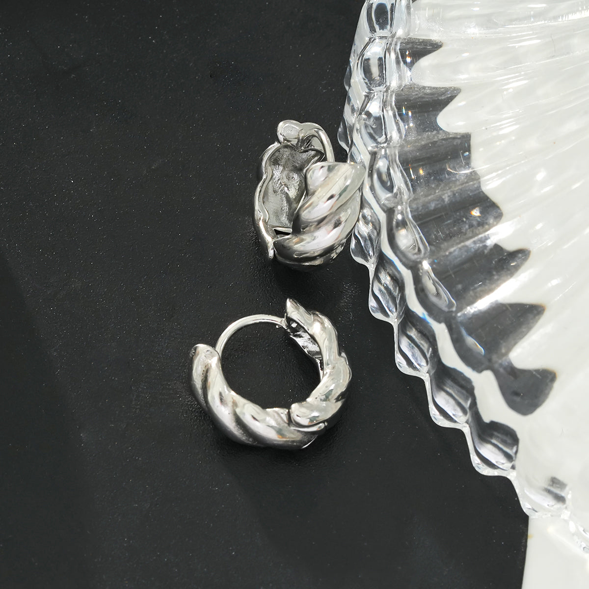 TYLA White Gold (Silver Tone): Textured Chiselled Finish - Chunky Mini Hoop Earrings