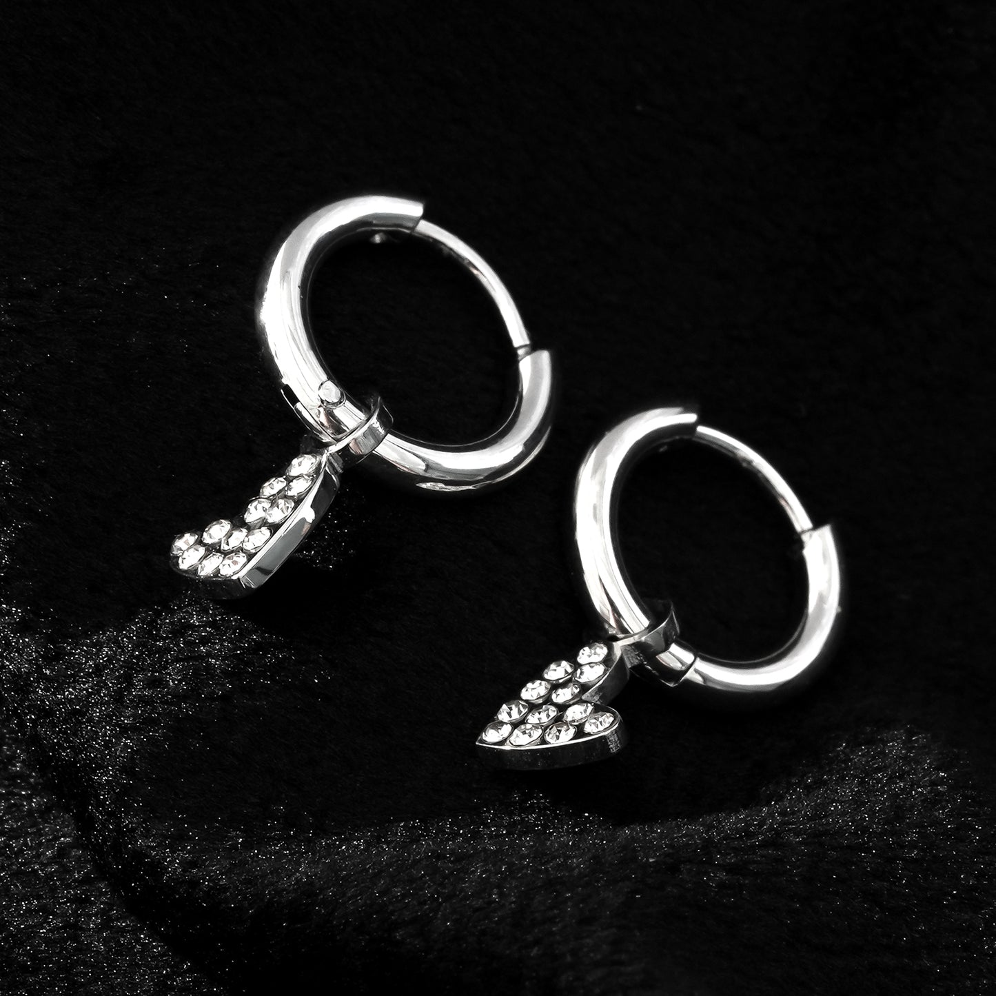 VIRTUOUS Silver Toned White Gold: Mini Hoops with Zirconia Embedded Heart Charm