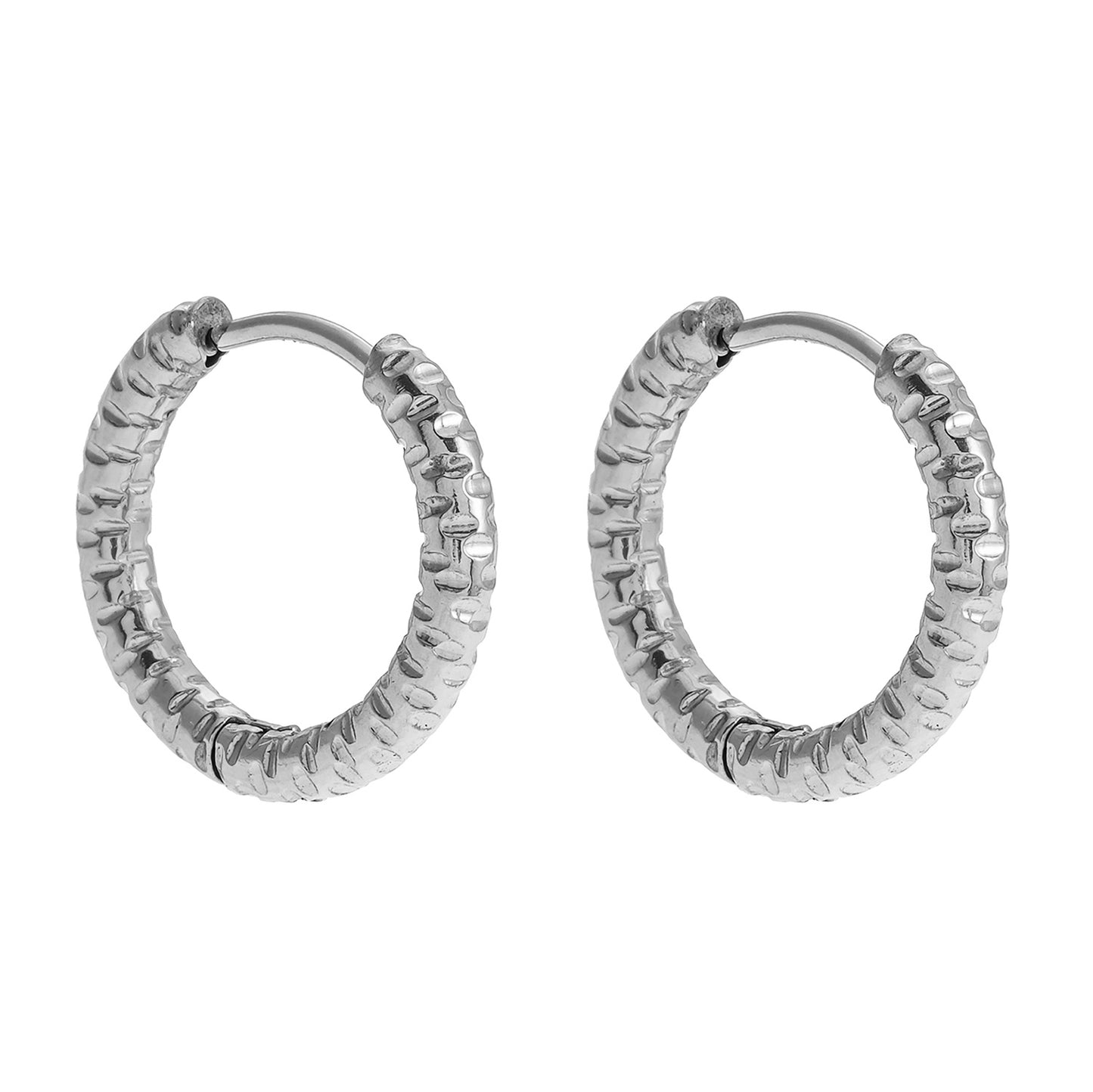 VISCONTA White Gold (Silver Tone): Chiselled Finish - Textured Surface Mini Hoop Earrings