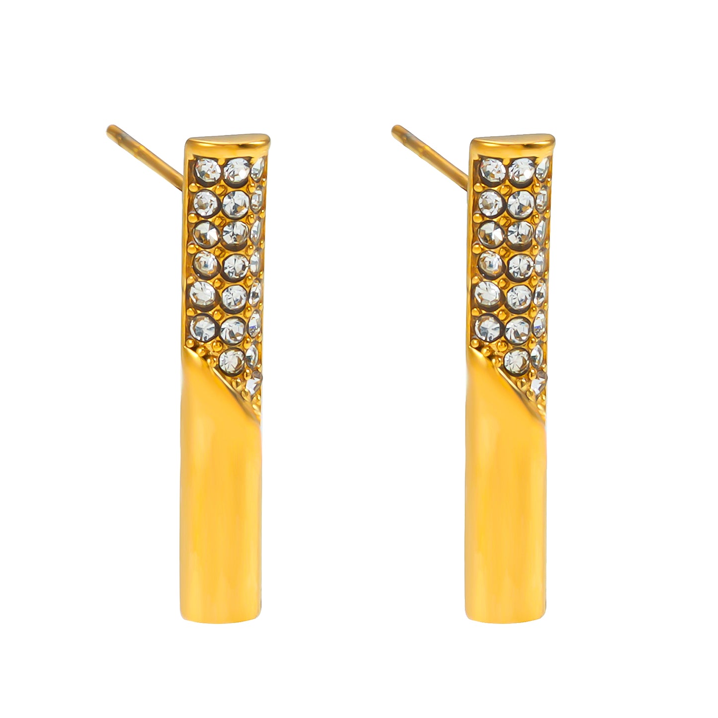 VOLTAMI Gold: Minimalist Pavé Zirconia Embedded Bar Stud Earrings